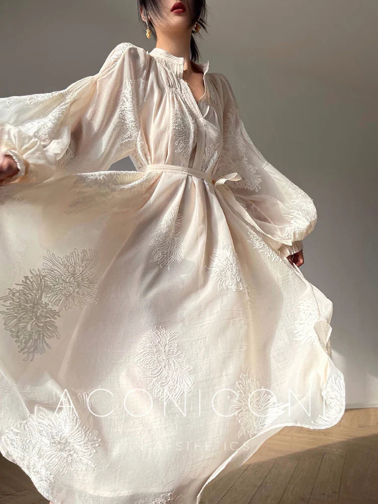 jinran Elegant Vintage Embroidery Dress Women Casual Korean Party Midi Dress Female 2024 Spring Lantern Sleeve Beach Style Floral Dress