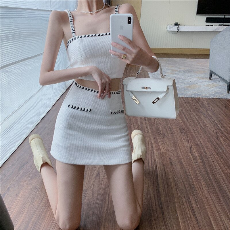 jinran Small Fragrant Breeze Crop Top Women Sexy Knitting Camisole Fashion High Waist Hip Skirt Suit 2022 Summer New