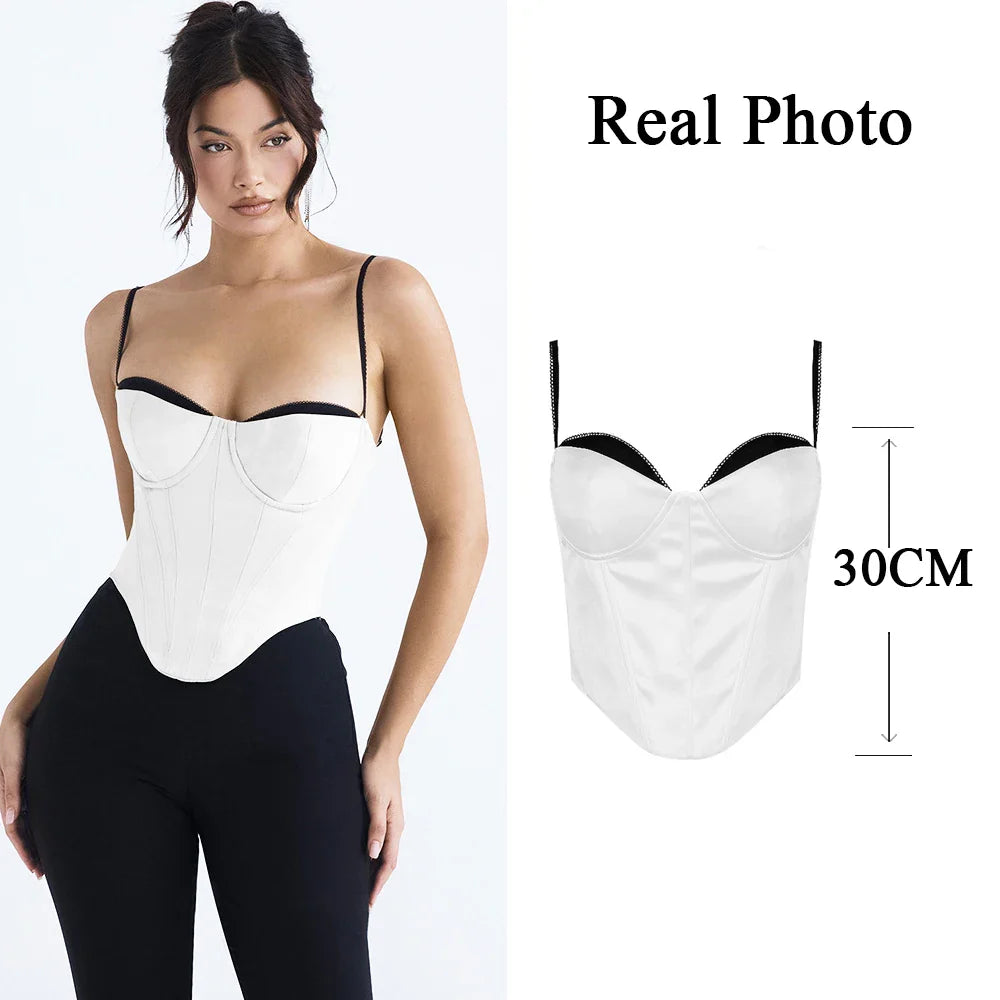 jinran Thick Satin Bustier Corset Crop Top with Chest Pads Spaghetti Strap White Bodycon Top Summer Women Tops with Fishbone