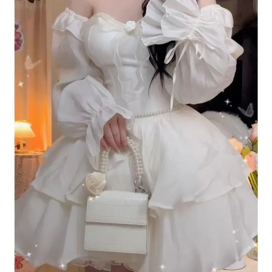 jinran Winter Solid Fairy Kawaii Long Sleeve Dress Women Korean Designer Lolita Mini Dress New Female Casual Fashion One Piece Dress