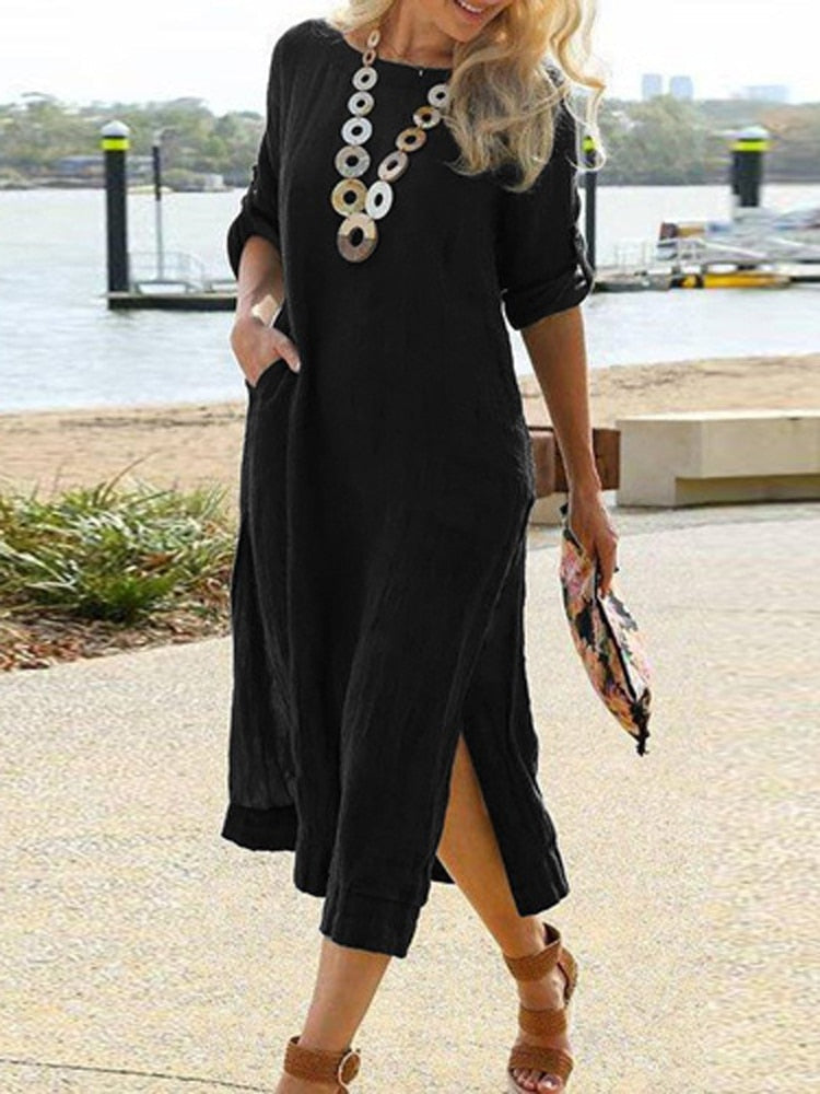 jinran Summer Short Sleeve Crew Neck Summer Dress Lady Holiday Solid Split Boho Long Dress Women Casual Loose Sundress Cover Up