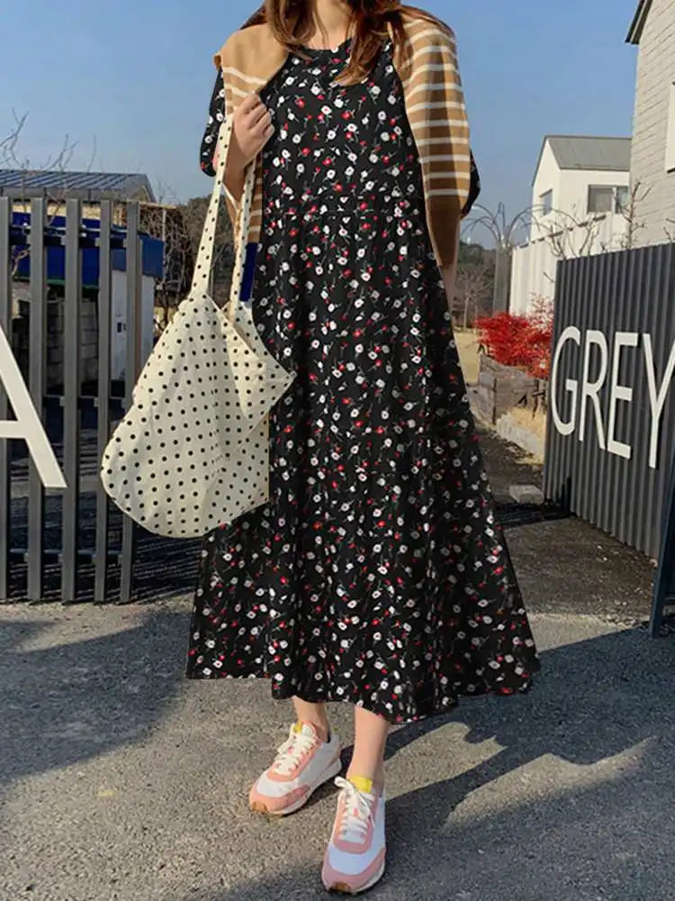jinran Women Summer Floral Sundress Bohemian Printed Dresses Holiday Party Beach Dress Short Sleeve Maxi Vestidos Robe Femme