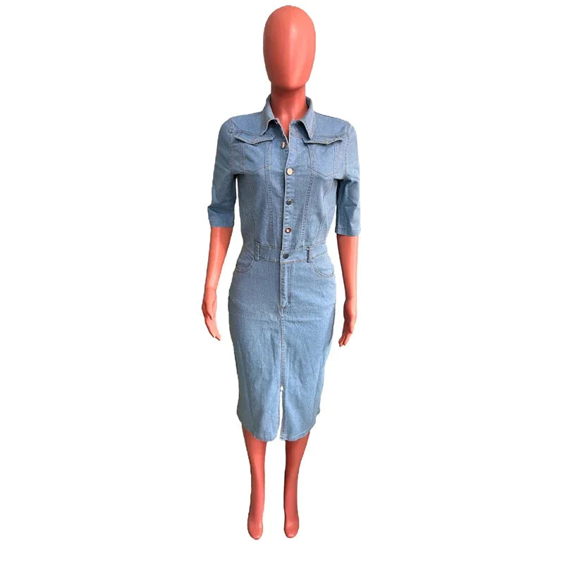 jinran New Arrival Knee-length Half Sleeve High Elastic Denim Dresses for Women 2024 Vestidos Para Muje Summer Party Club Bodycon Dress