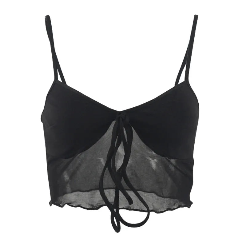 jinran Sexy Mesh Camis Women Corset New Sleeveless Summer Streetwear Fashion Bandage V-Neck Black Crop Top Backless Basic Cropped Tops
