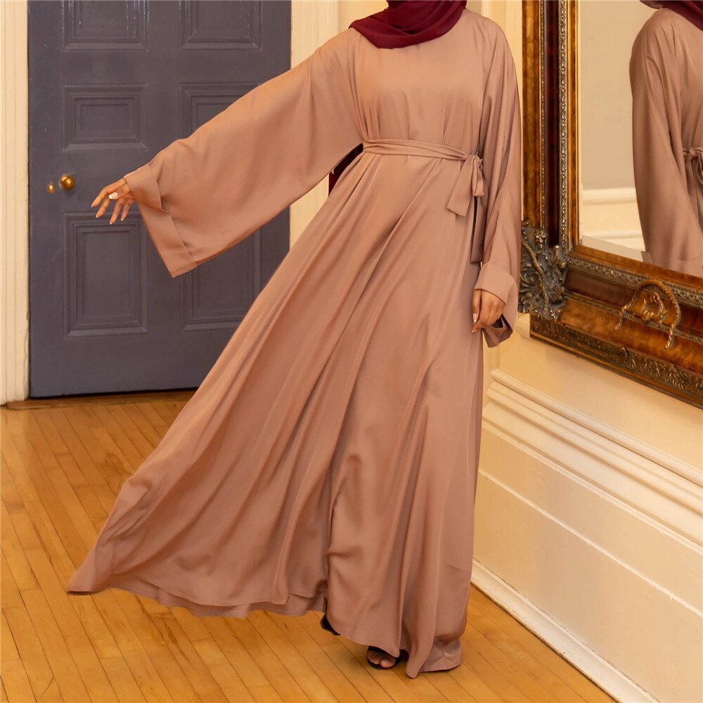 jinran Summer Elegant Solid Color Colorful Temperament Long Skirt Ladies Open Shouder Robe Satin Large Size Belt Muslim Woman Abaya