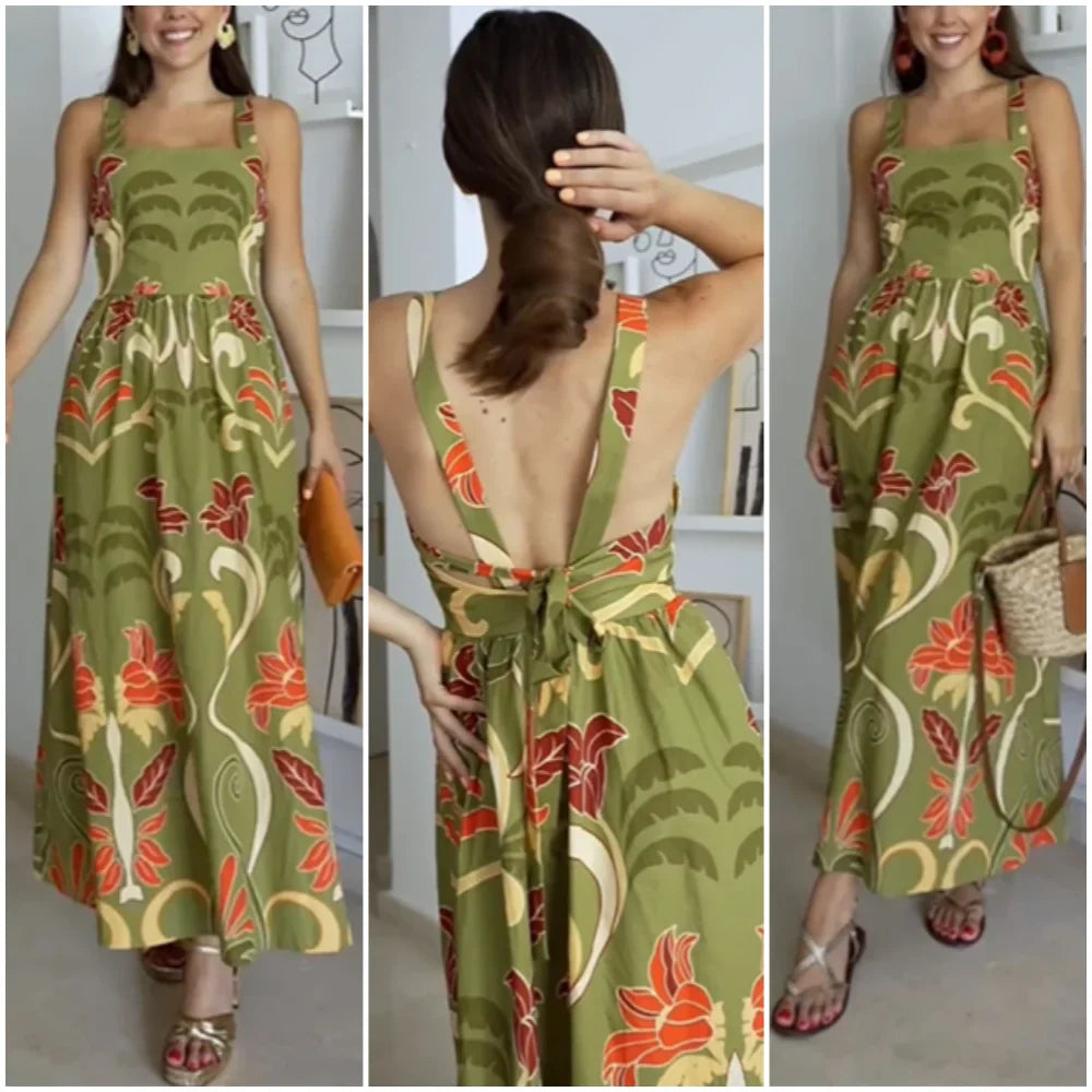 jinran Printed Lace Up Sling Long Dresses Women Sexy Backless Sleeveless Female Dress 2024 Summer Beach Holiday Loose Lady Vestidos