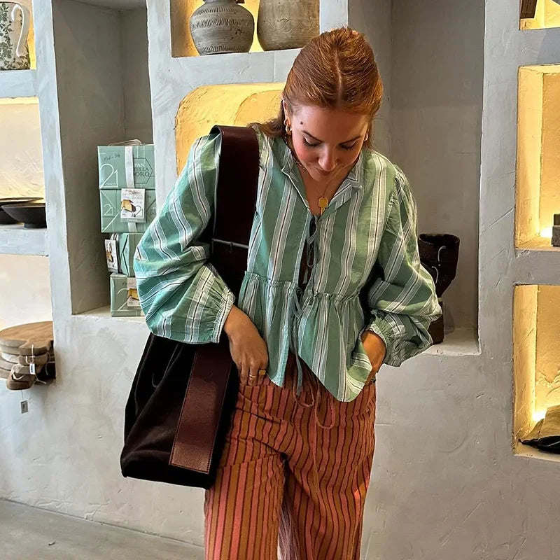jinran Striped Lace Up Shorts Suit Women Ruffles Hollow Out Long Puff Sleeve Shirt Wide Leg Short Pant Sets 2024 Summer Holiday Outfit