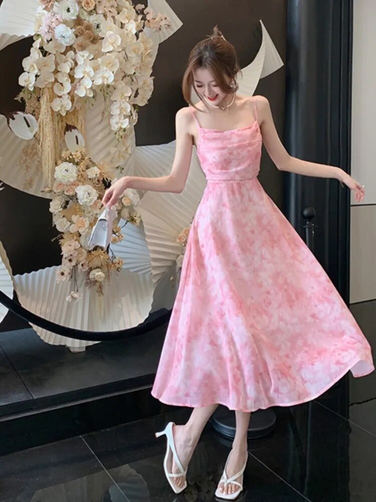 jinran - Summer Party Midi Elegant Dress Women Strap Sexy Design High Wasit Vintage Casual Dress Sleeveless Chiffon Sweet Dress