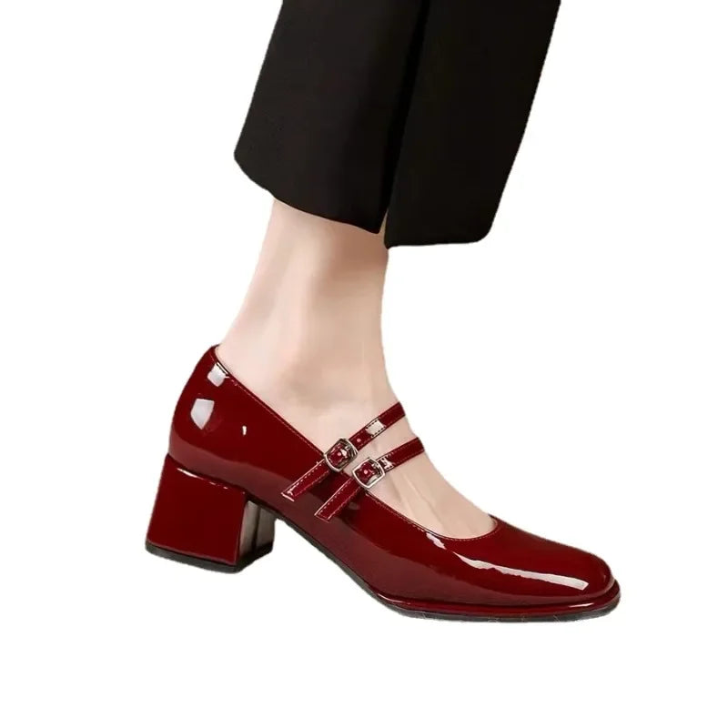jinran High Heel Casual Pumps Square Toe Square Heel 2024 Brand Shoes Female Buckle Strap Autumn Solid Classics Pumps Tacón Alto