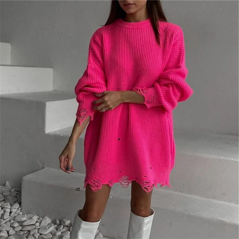 jinran Women Ripped Hole Knit Dress Autumn Winter Long Sleeve Mini Sweater Dresses Casual Loose Oversize Knitted Short Dresses