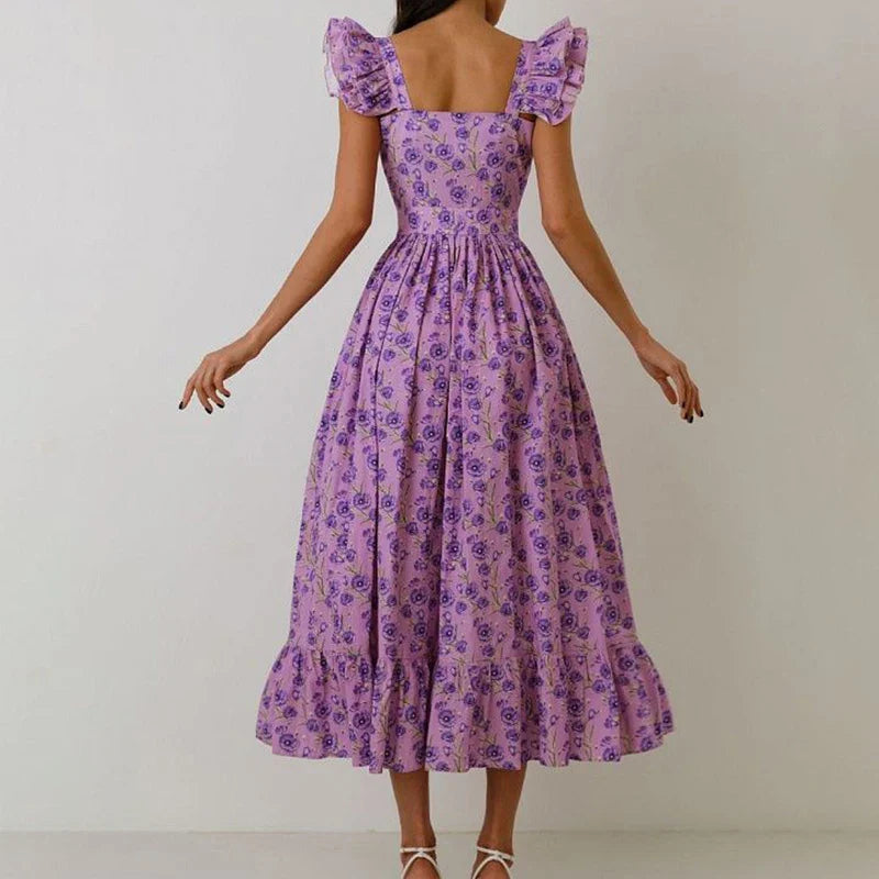 jinran Women Sexy Square Collar Hem Boho Long Dress Spring Print Button A-Line Party Dress Summer Puff Sleeve Ruffle Holiday Maxi Dress
