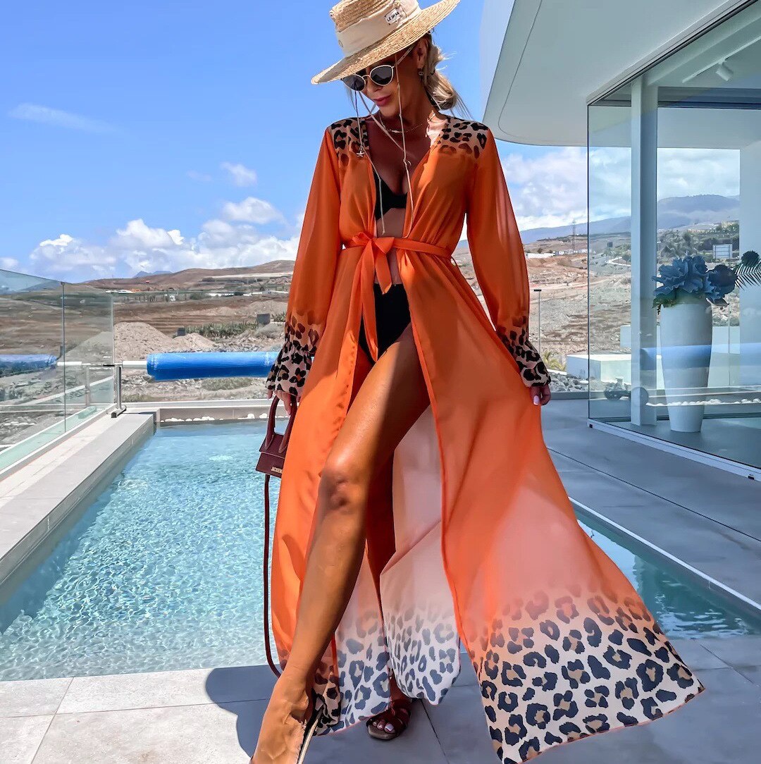 jinran Enchantment Swimsuit Cover Up Kaftan Dress Print Chiffon Kimono Summer Women Beachwear Beach Cover-up Cardigan Outfits