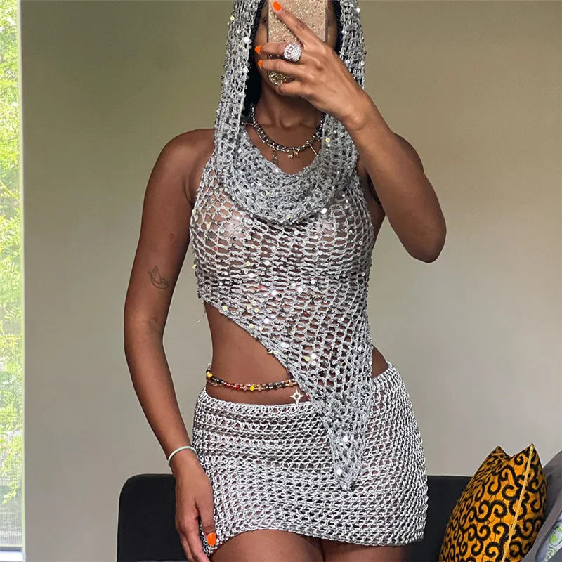 jinran Gold Sequin 2 Piece Knit Set Women Hooded Top and Shorts Trashy Y2k Streetwear Sexy Summer Rave Outfits Sets Two Piece Set