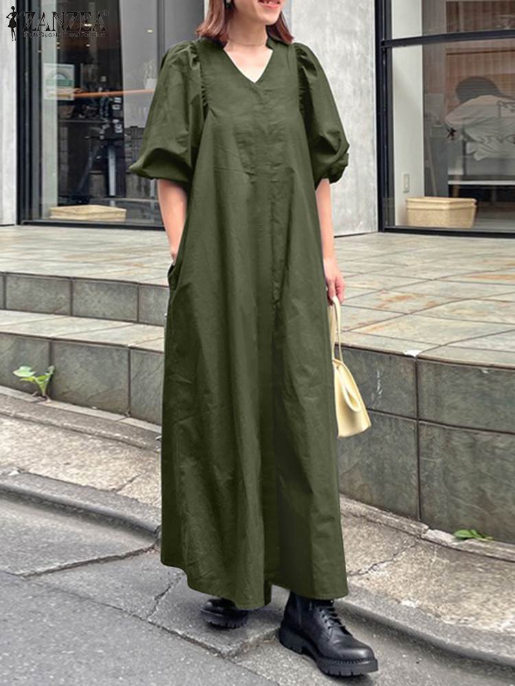 jinran Women Casual V Neck Solid A-Line Vestido 2022 Fashion Long Puff Sleeve Sundress Holiday Dress Retro Kaftan Dress Oversize