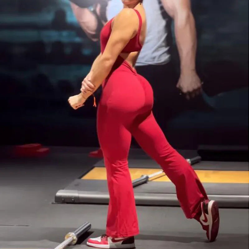 jinran 2024 S-XL Pad Women Gym Yoga Set Sports Rompers Deep V Back Fitness Workout Pant Flare Leggings One Piece Jumpsuit Active Wear