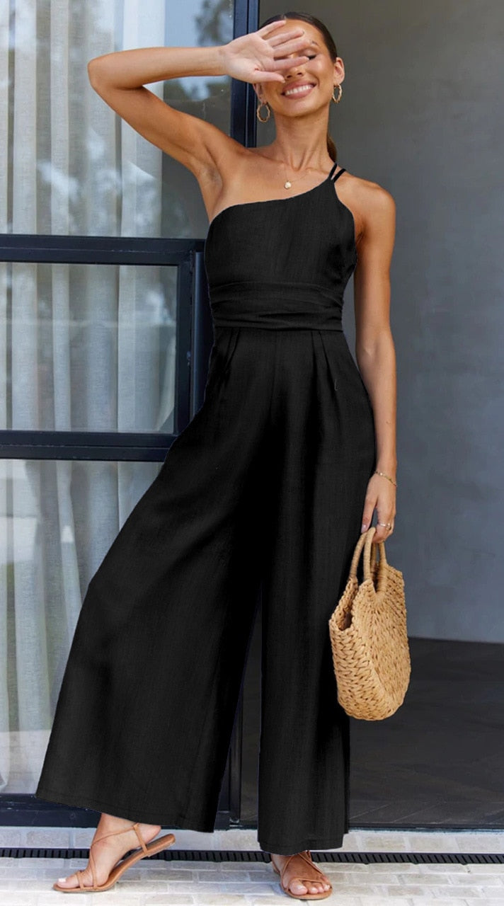 jinran Waist Folds Backless Double Strap Casual Wide Leg Jumpsuit Long Pants Green New Female Loose Jumpsuit