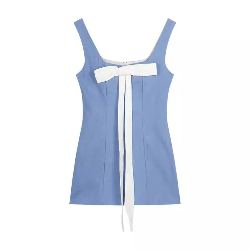 jinran Color Black Bowtie Mini Denim Dress for Women Summer Sleeveless A-line Square Neck One-piece Tank Dress Korean Clothes