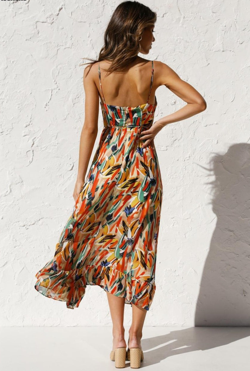 jinran Summer new women's fashion casual color print halter sleeveless deep v waist dress