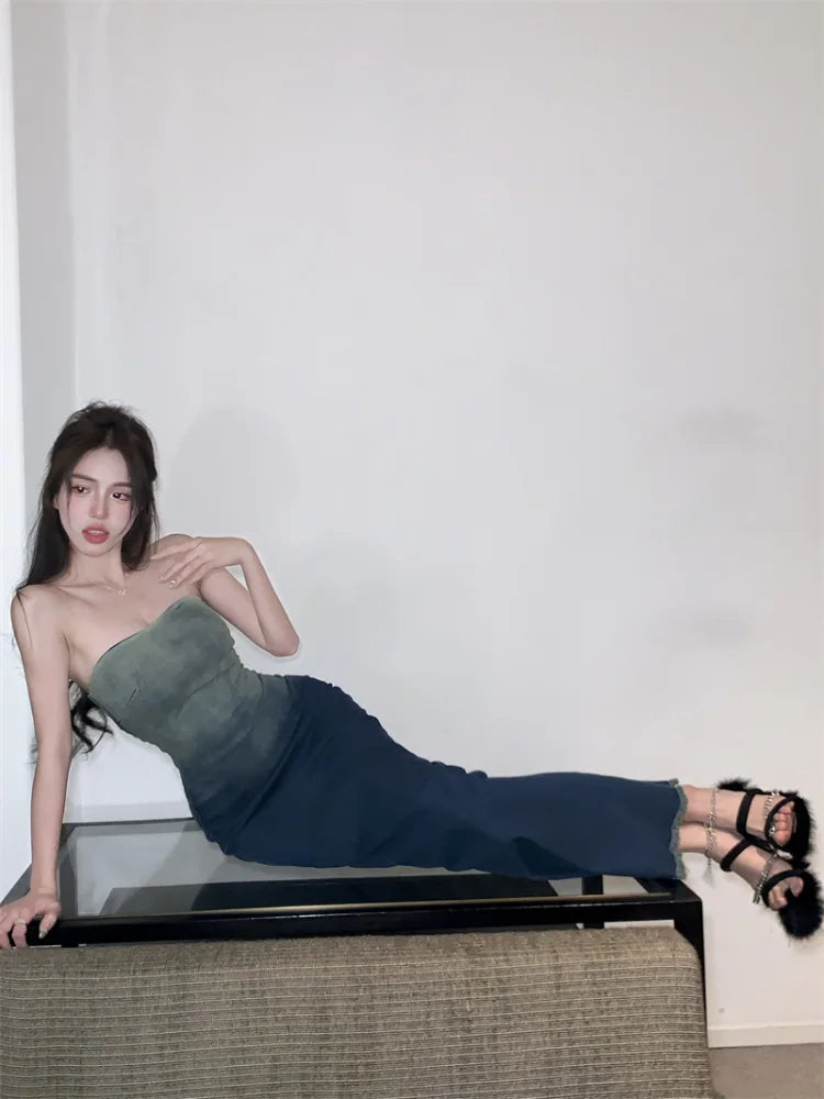 jinran Eroticis Backless Zipper Split Dress Party Blue Denim Female Long Dress for Women Clothes Summer Gradient Bandeau Denim Dresses