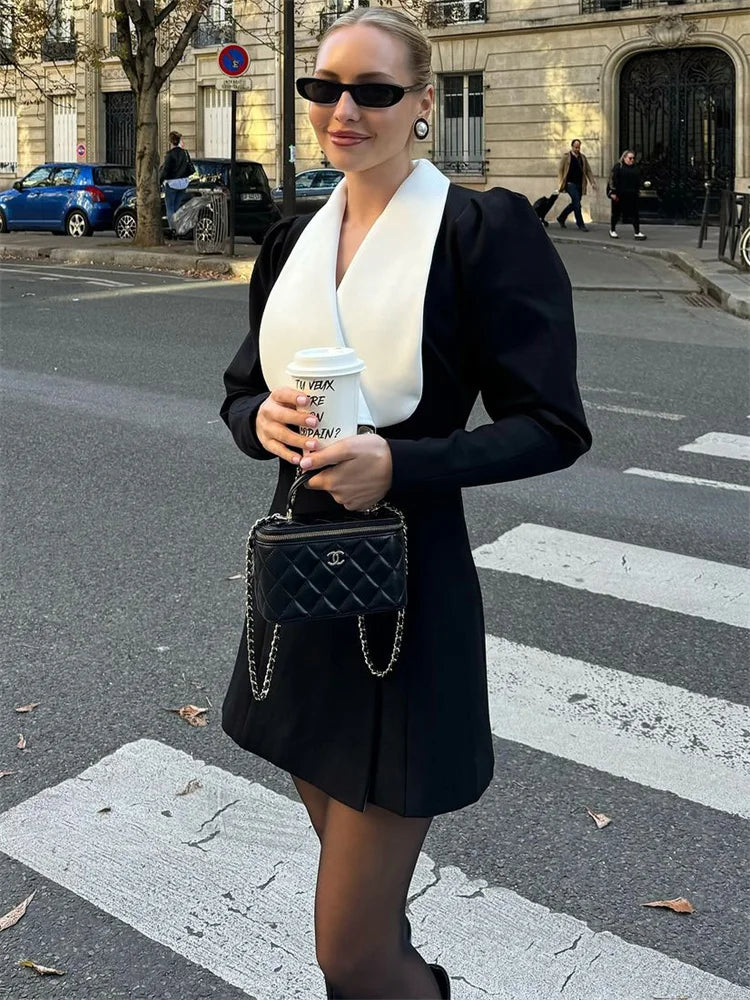 nvxiot - Autumn Fashion Elegant Mini Dress For Women Patchwork Slim Long Sleeve V-Neck High Waist Commute Female Party Dress 2024