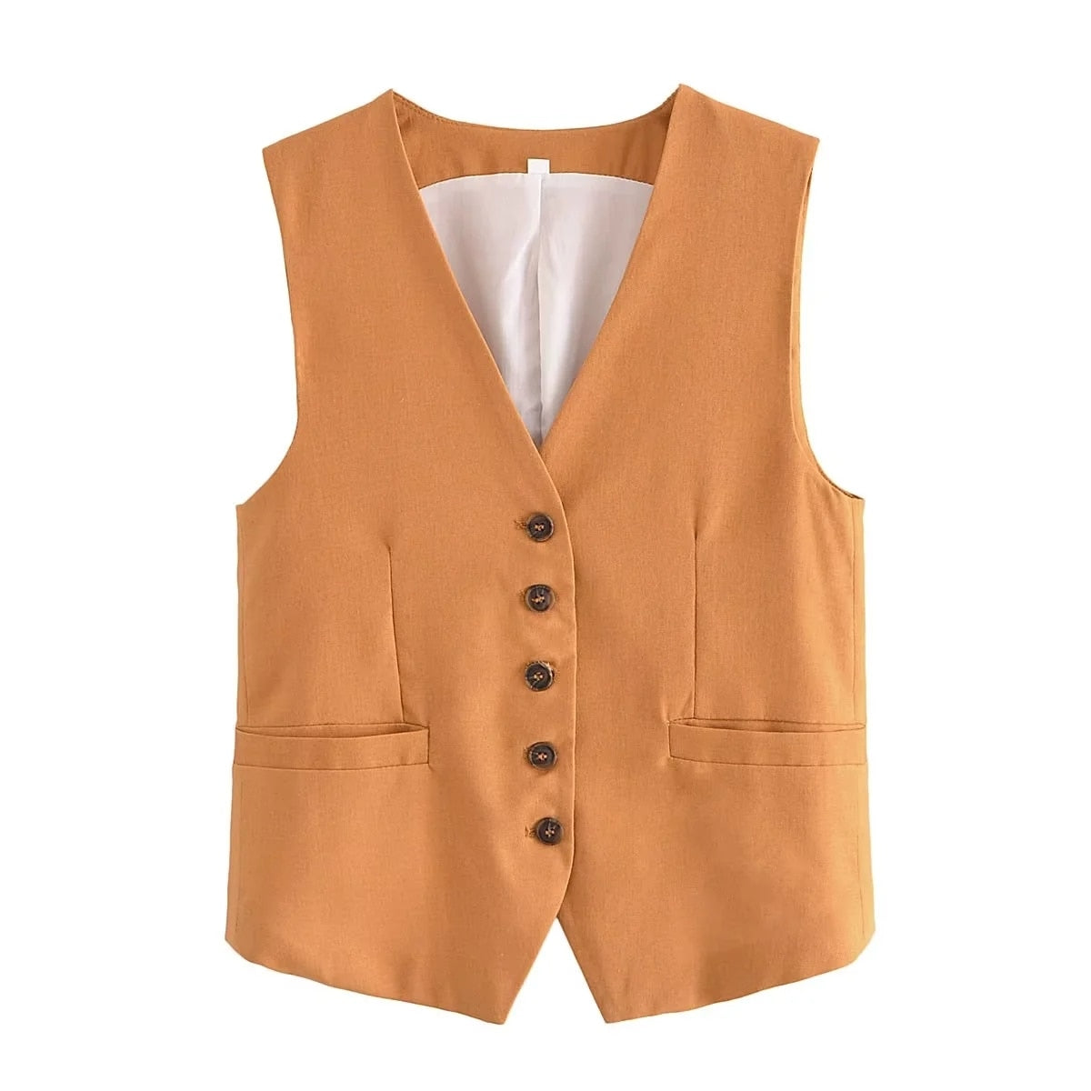 jinran Cotton Linen Brown Spring Summer Pockets Shorts Vest Set Sleevless Button Up V Neck Wide Leg Outfits 2 Pcs Suit Femme