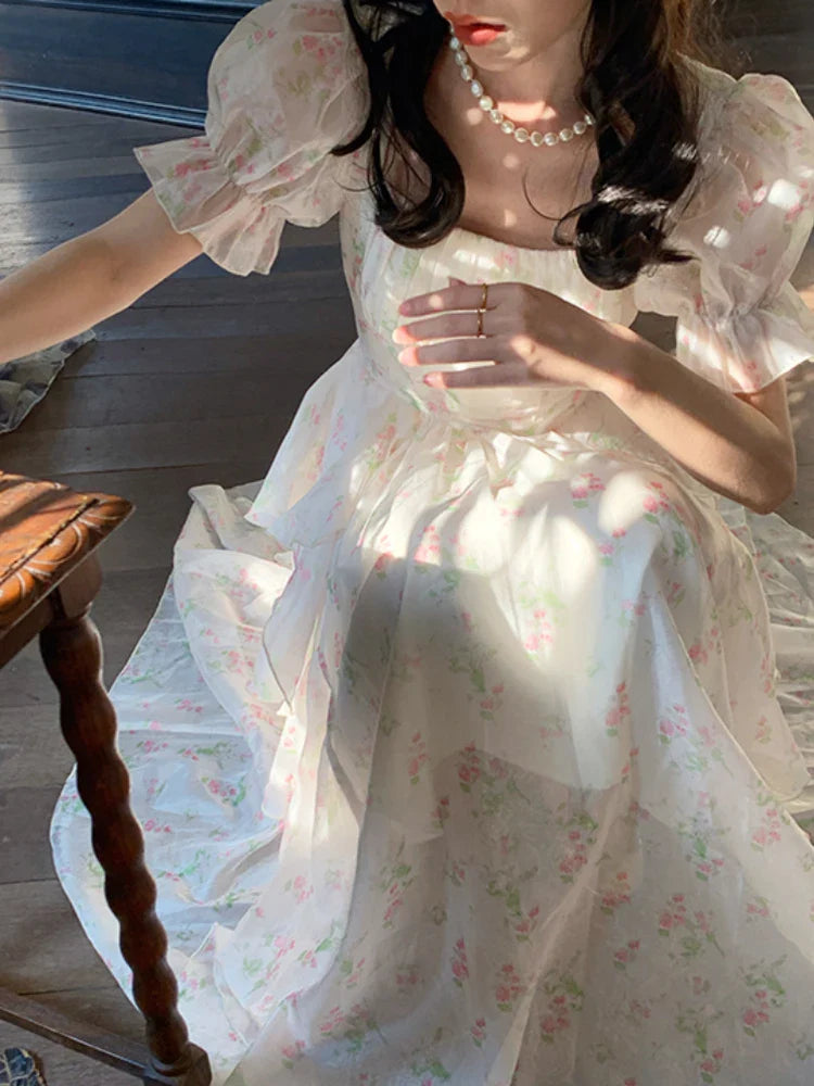 jinran Casual Floral Midi Dresses Women Elegant Short Sleeve Vintage Party Dress Summer One Piece Dress Korean Female Ruffles Chic 2024