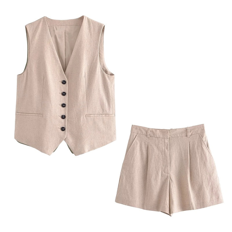 jinran Cotton Linen Brown Spring Summer Pockets Shorts Vest Set Sleevless Button Up V Neck Wide Leg Outfits 2 Pcs Suit Femme