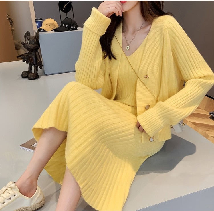 jinran Womans Clothes for Autumn Winter Loose Solid Knitwear Women's Two Piece V-Neck Casual Dress Set Long Sleeve Sweater Skirt