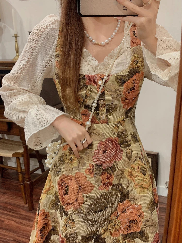 jinran Print Retro Elegant Fairy Dress Women Lace Korean Style Evening Party Midi Dress French Vintage Floral Dress Female 2024Summer