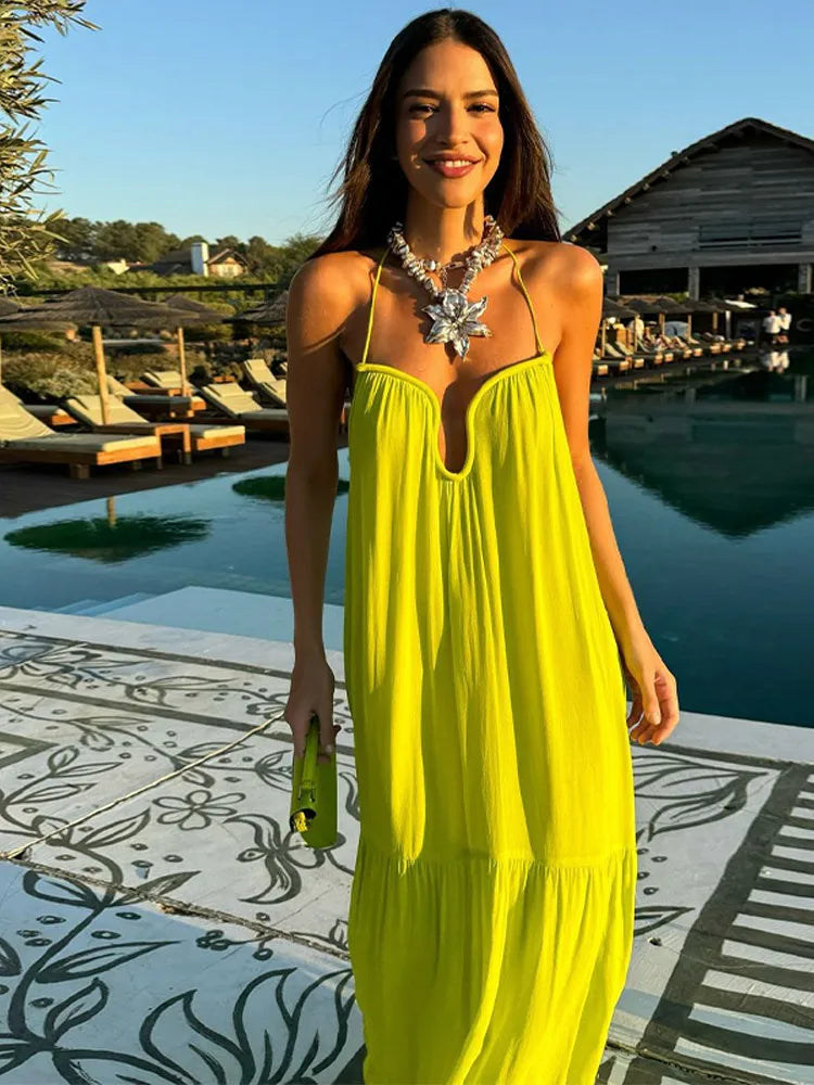 jinran Elegant Green Backless Halter Long Dress For Women Sleeveless Off Shoulder Loose Beach Dresses 2024 New Vocation Party Vestidos