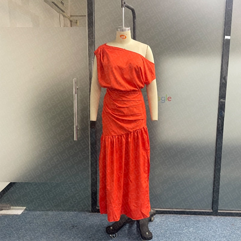jinran Women Maxi Dress Summer Fashion Casual Solid Nipped Waist Slim Slanted Shoulders Pleated Slit Evening Party Dresses