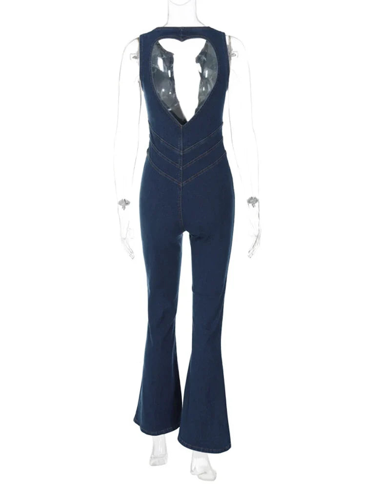 jinran Women's Jumpsuit Bodycon Backless Heart Hollow Out Summer Sexy Sleeveless Slim One-Piece Outfits Retro Denim Jumpsuits 2024