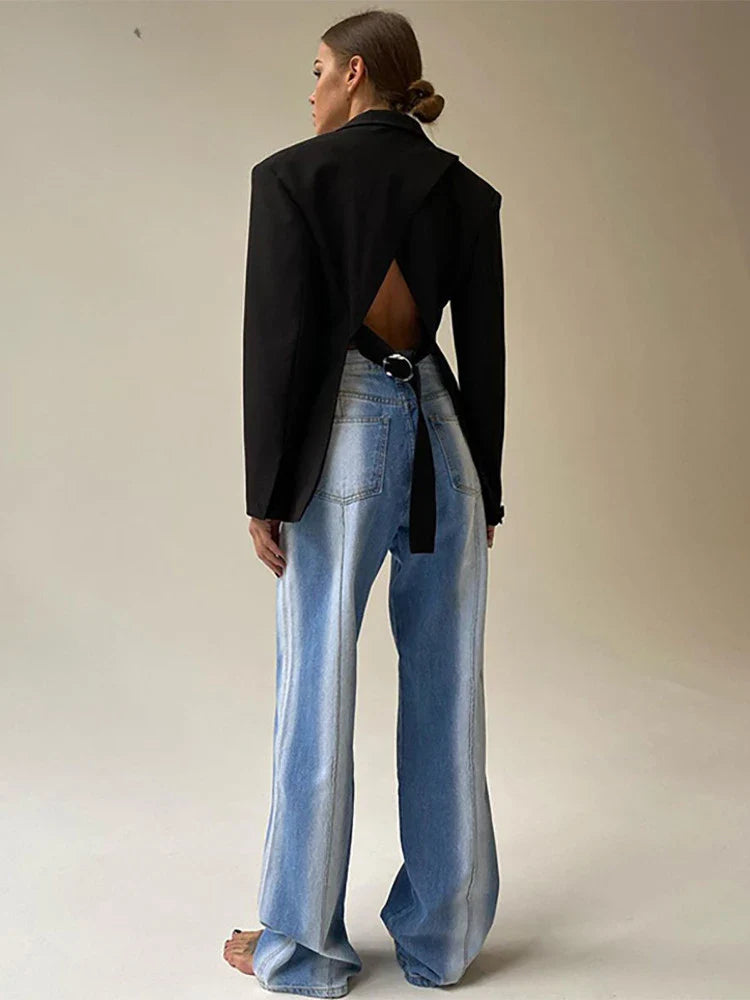 jinran Office Ladies 2024 Autumn Winter Oversized Blazers Jacket Women Backless Loose Fashion Open Stitch Outfits Elegant Coat Blazers