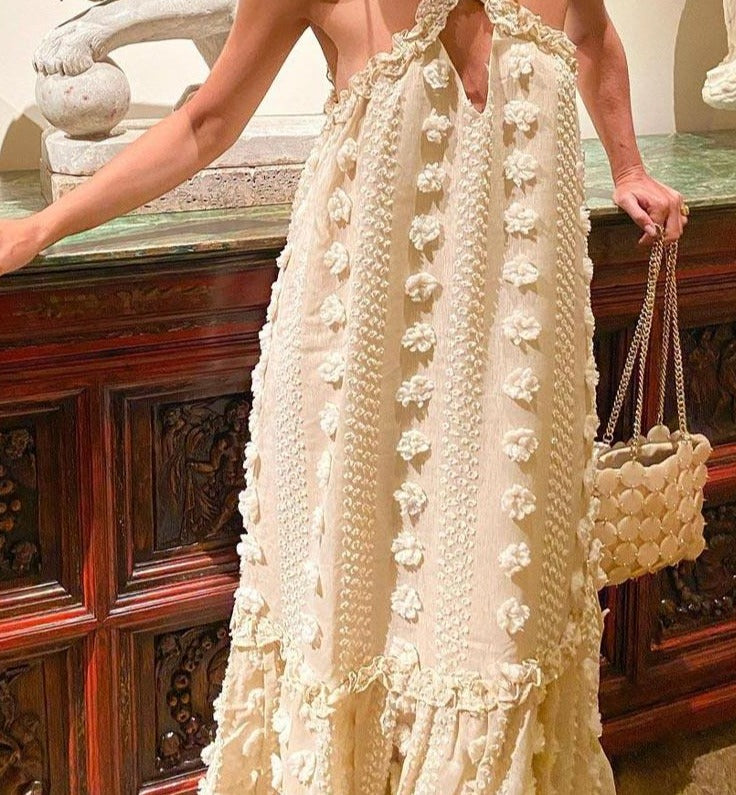 jinran Sleeveless Halter Maxi Summer Dress For Women Fashion Ruffle Beach Long Robe Elegant Slip Holiday Hollow Out Sundress