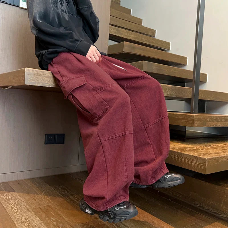Men's Patchwork Cargo Jeans Oversized Wide Leg Trousers Men Muti-pockets Hip Hop Streetwear 90s Vintage Fashion Tooling Pants
