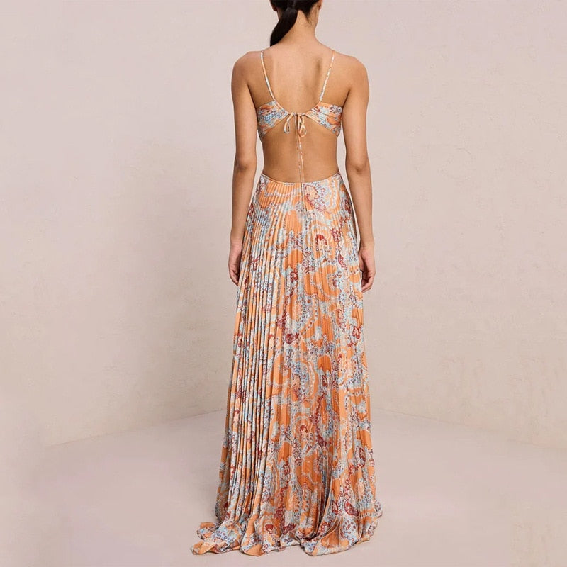 jinran summer new print sexy high-grade temperament backless pleated dress