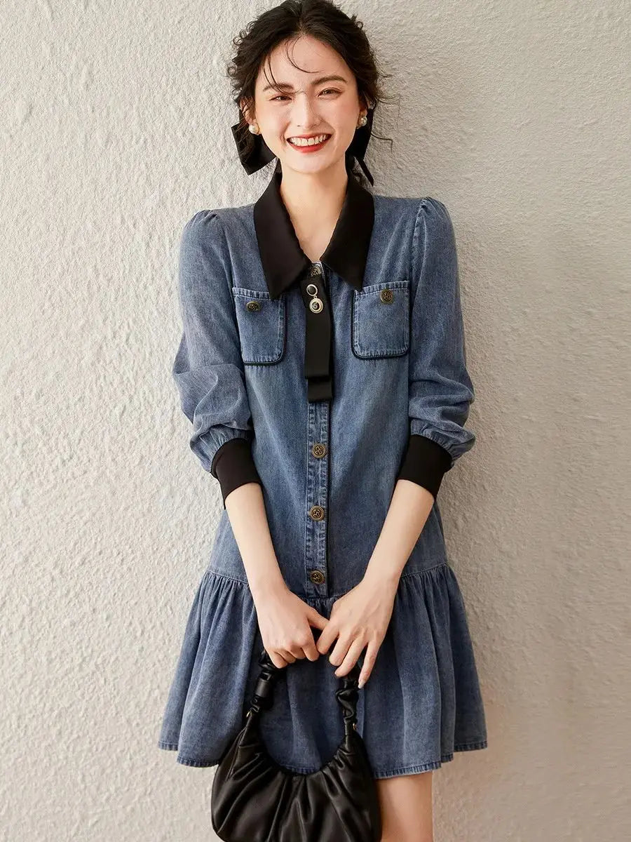 jinran Women Dress 2024 Summer Fashionable Washed Denim Dress Detachable Bow Tie Long Sleeve Polo Neck Short Dress for Women