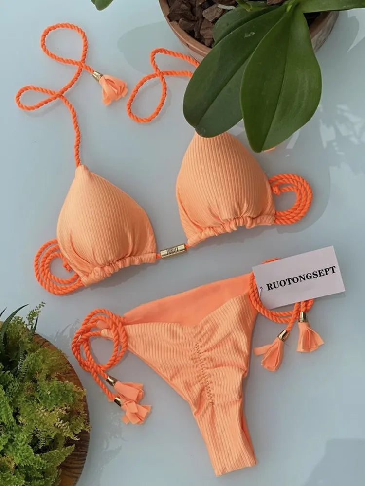 jinran Swimwear Thong Bikini Set 2024 New Blue Swimsuits Woman Sexy Bathing Suits Bikinis Triangle Bandage Female Beachwear Bikini