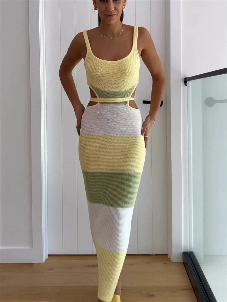 jinran Women Stripe Knitted Backless Sexy Bodycon Dress Bandage Contrast Color Spaghetti Strap Long Dresses Party Beach Summer