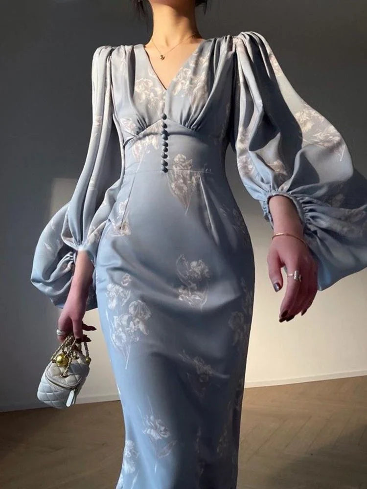 jinran Elegant Bodycon Printing Mermaid Dresses for Women Summer New Slim V-neck Long Sleeve Runway Party Robe 2024 Female Vestidos