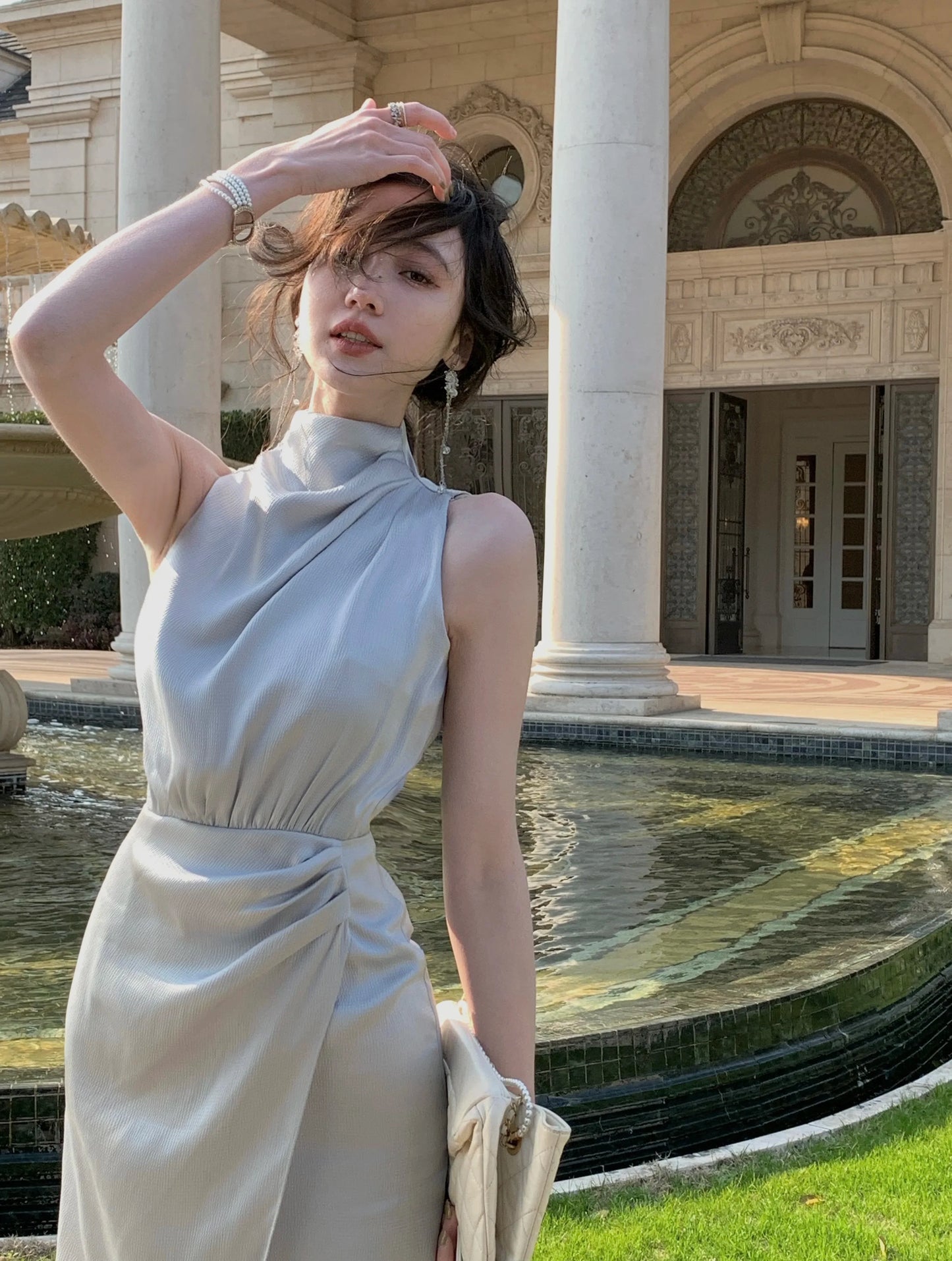 jinran Women Summer Halter Satin Midi Party Dress Sleeveless Bodycon Slim Casual Solid Birthday Vestidos Female One Pieces Fashion Robe
