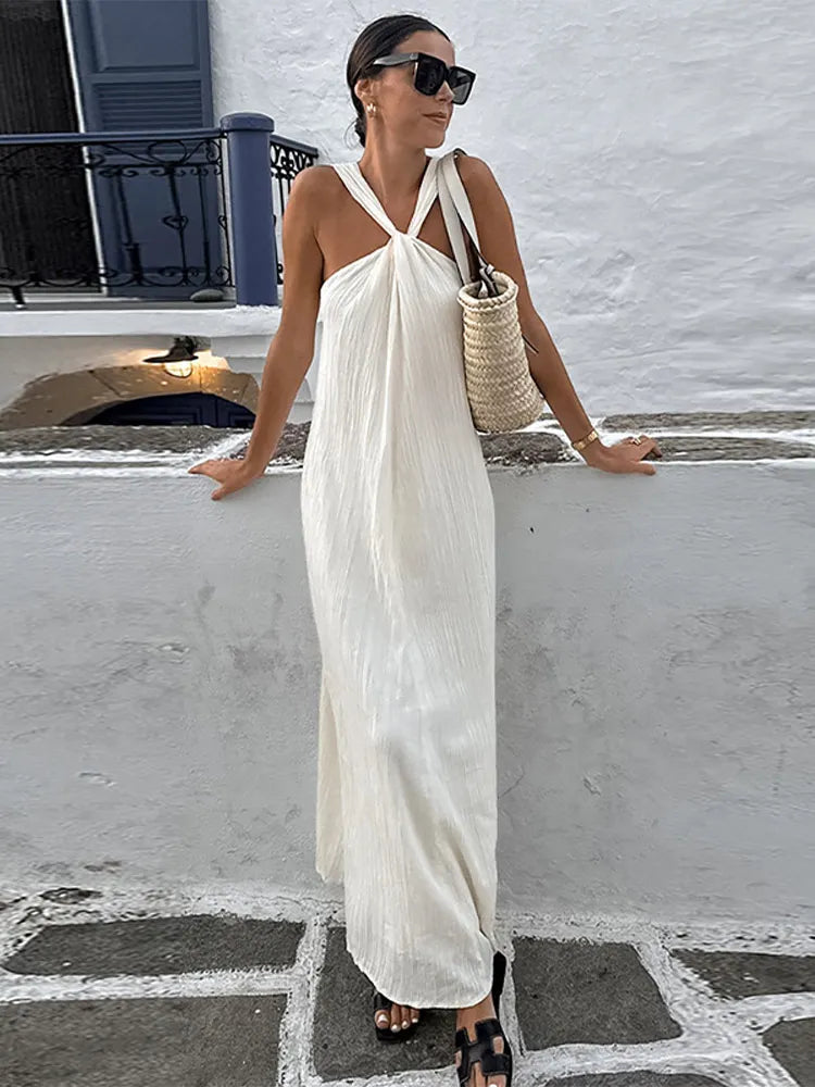 jinran Sexy White Off Shoulder Halter Pleated Maxi Dress For Women Fashion Sleeveless Loose Dresses 2024 Lady High Streetwear Vestidos