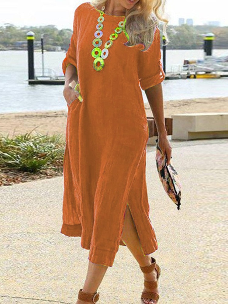 jinran Summer Short Sleeve Crew Neck Summer Dress Lady Holiday Solid Split Boho Long Dress Women Casual Loose Sundress Cover Up