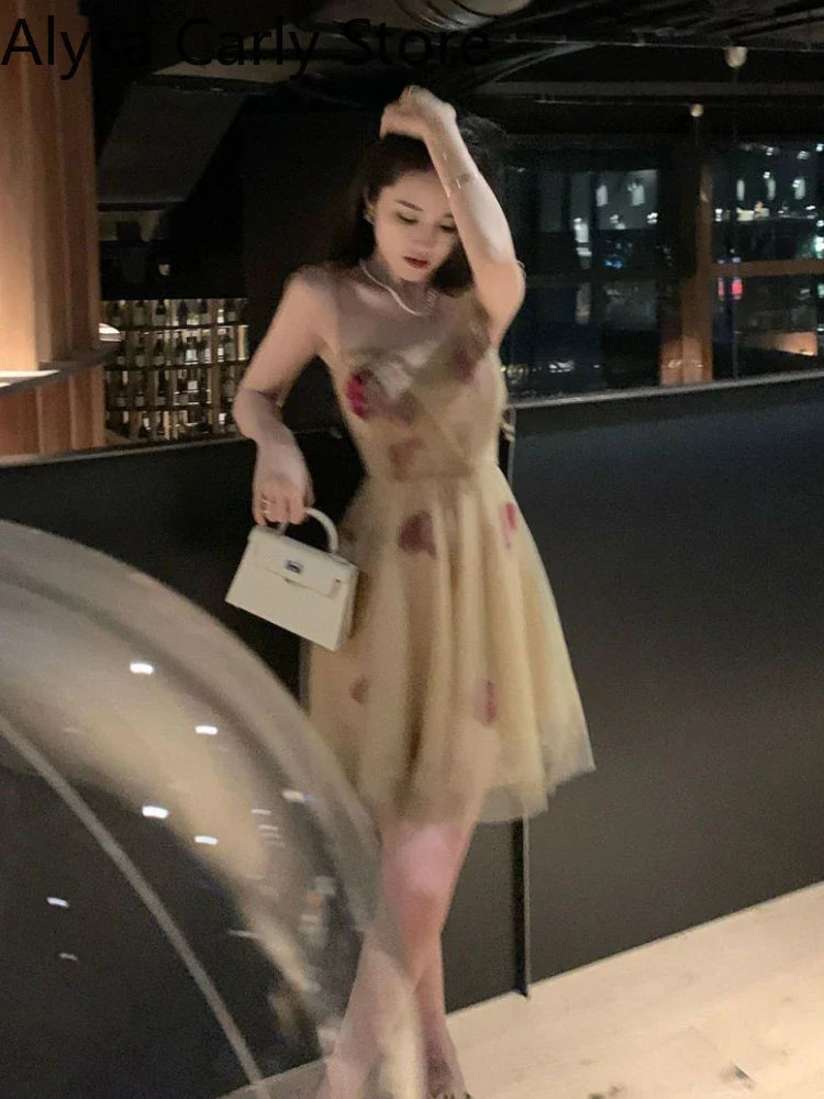 jinran Vintage Floral Strap Dress Women Sexy Backless Evening Party Fairy Dress Femme 2022 Spring High Street Korean Beach Casual Dress