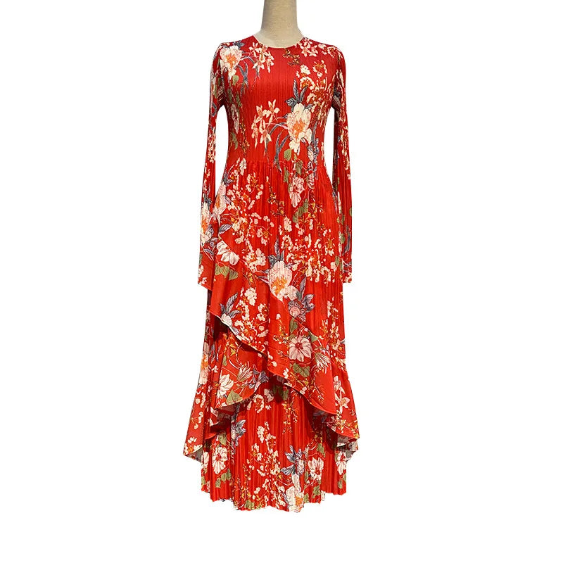 jinran 2024 Summer New Women's Printed Irregular Hem Splicing Dress Bohemian Style Fashion Holiday Leisure Pleated Dress