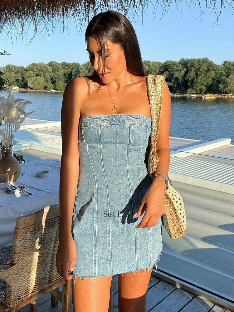 jinran 2024 Denim Mini Dress Women Fashion Slim Backless Strapless Sleeveless Sexy Bodycon Dresses Summer Causal Party Mini Dress