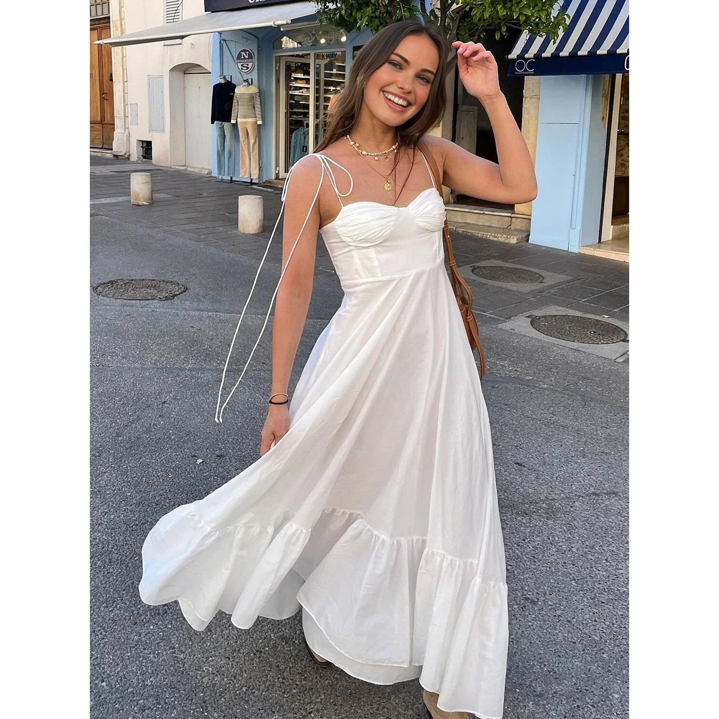jinran 2024 White Dress Women Halter Cotton Long Dress Lace Elegant Party Outfits Ladies Sexy Club Clothes
