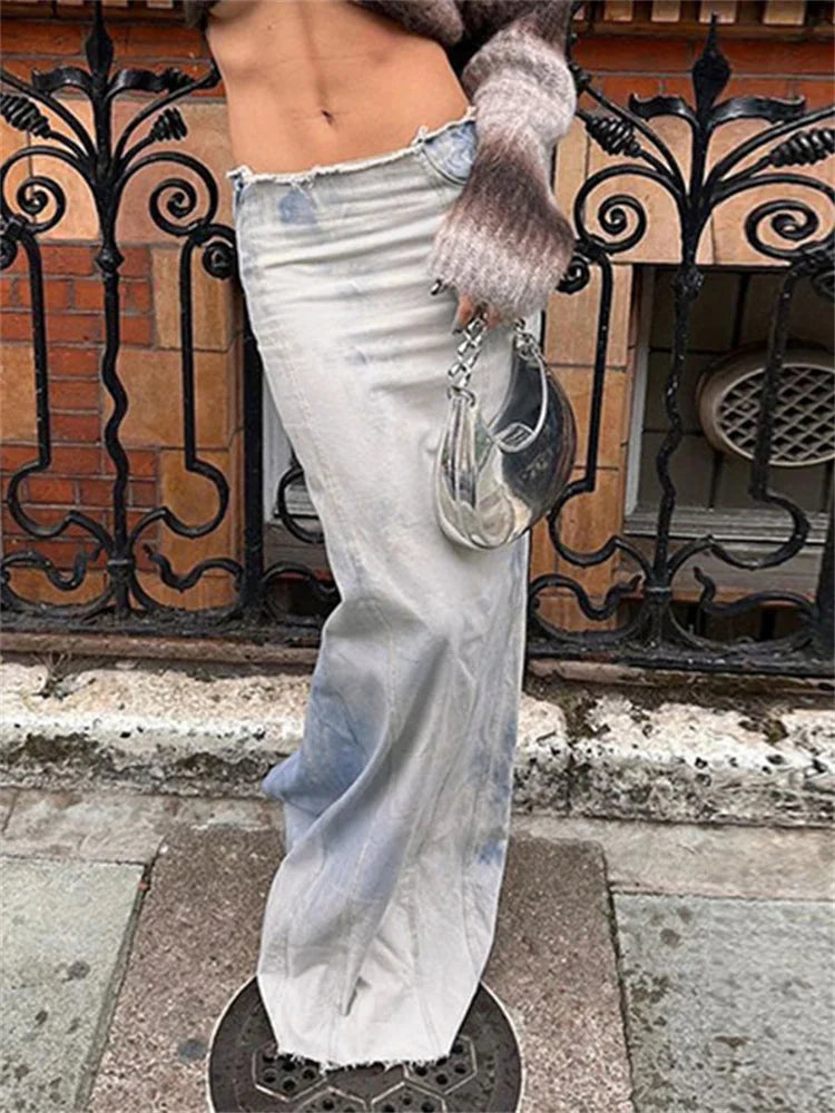 jinran Fashion Denim Maxi Skirt For Women Low Waist High Street Split Casual Long Skirt Outfit Elegant Broken Summer Denim Skirt