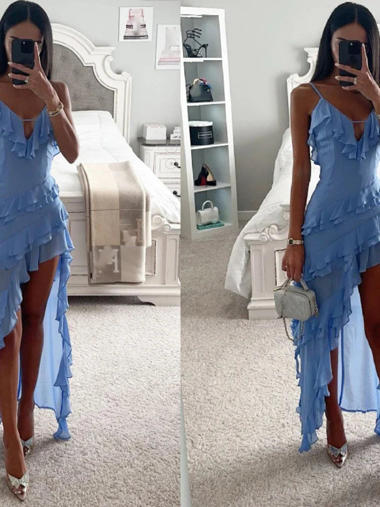 jinran Women Sexy Ruffles Spaghetti Strap Maxi Dress Casual V Neck Sleeveless Irregular Hem Elegant Beach Party Vestidos Femme