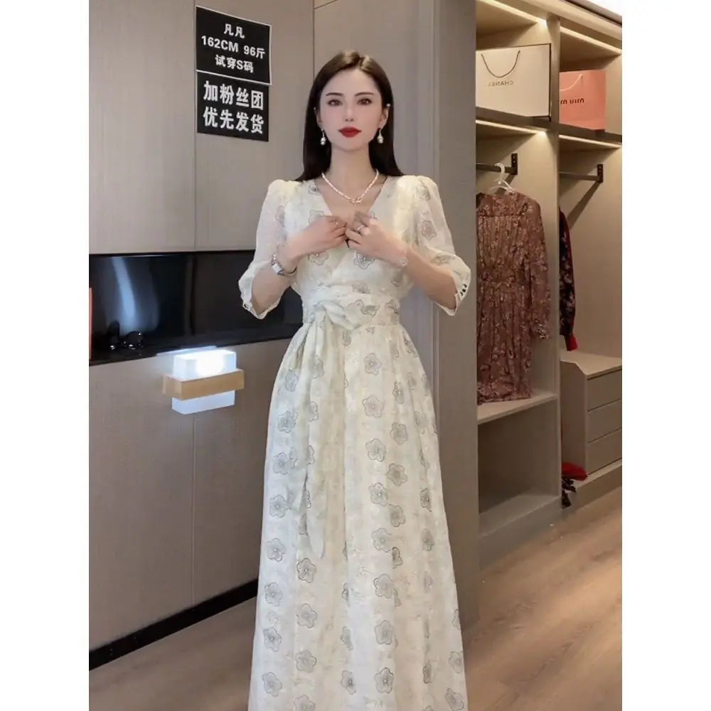 jinran Korean Fashion Puff Sleeve Floral Dress Loose Waist With Bandage New Women's Summer Dresses Elegant Casual Midi Vestidos Mujer
